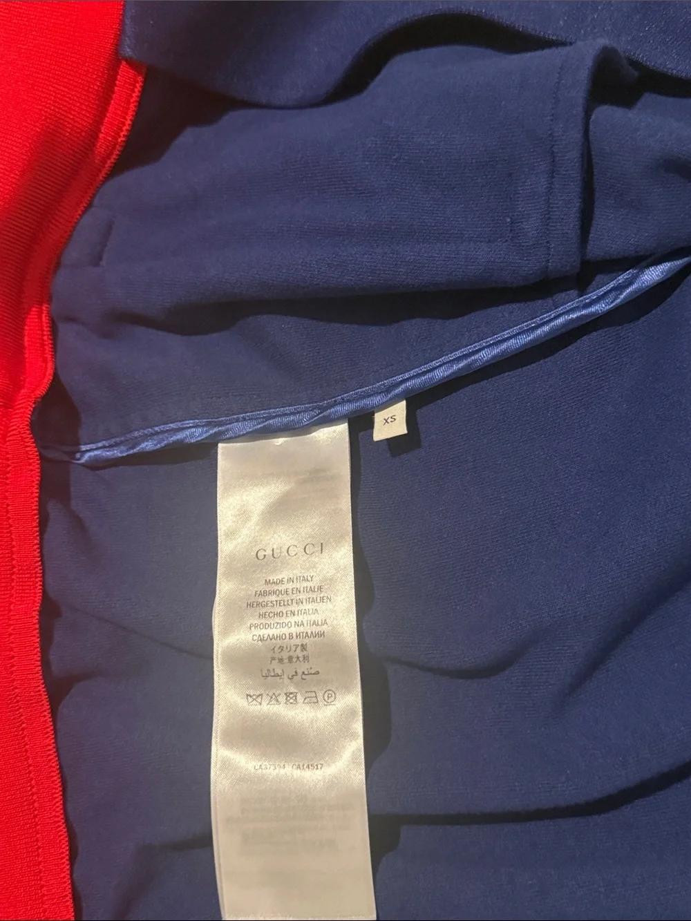 Gucci Blue, White & Red Bomber Jacket with Cherry Patch